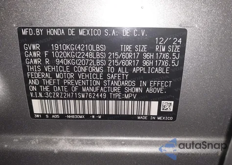 2025 Honda Hr-V Awd Ex-L z USA, uszkodzony, nr VIN 3CZRZ2H71SM762449